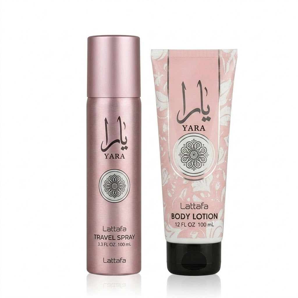 Kit Yara Lattafa 4 Piezas - Perfume, Body Lotion, Travel Spray y Bolso